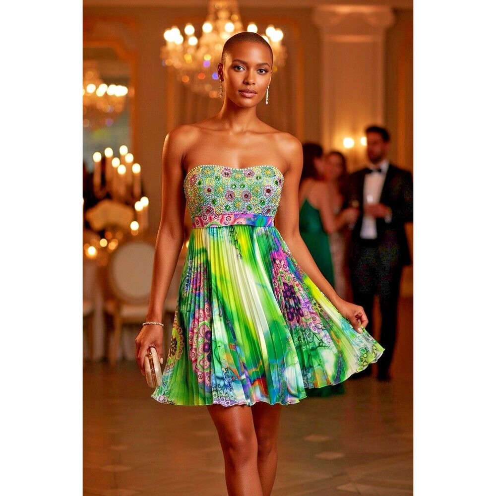 Sherri Hill party dress beaded strapless empire mini pleats sz 6 coquette party